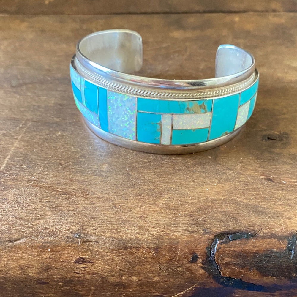 Sterling Silver Turquoise and Opal Inlay Cuff Bracelet - Blue